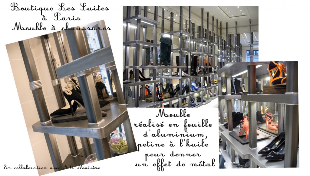 maquette de photo du meuble à chaussures en feuille d'aluminium patiné, boutique les Suites à Paris